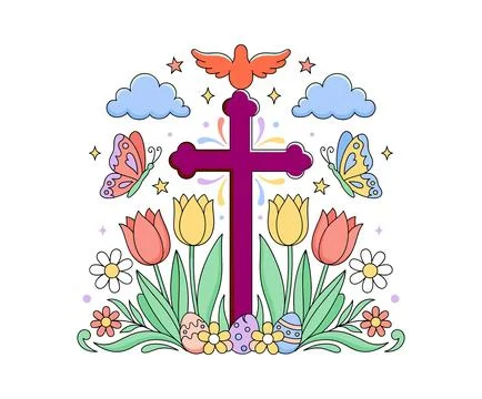 Easter religious cross surrounded by spring flowers, butterflies, eggs. Stock Illustration
