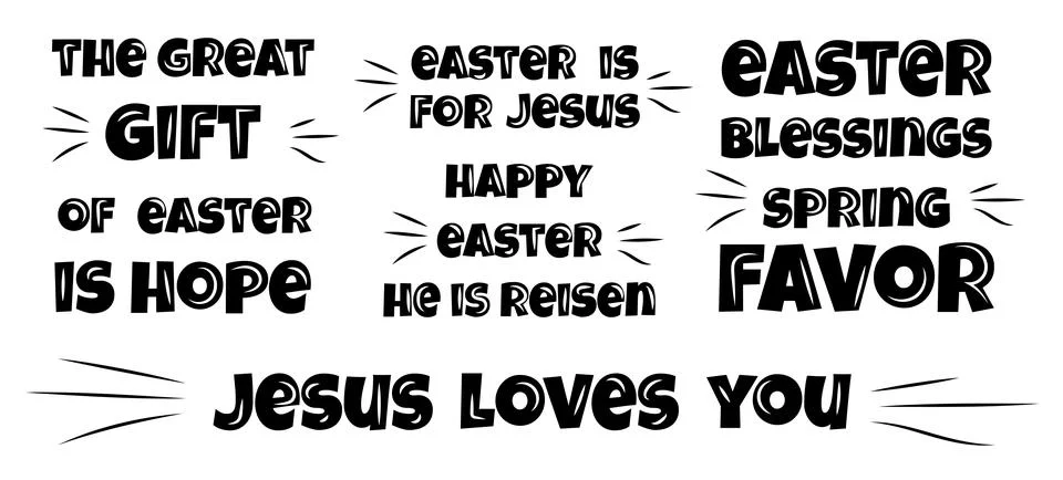 Easter religious quotes set. Black letters and inscriptions. Jesus loves you Illustrazione stock