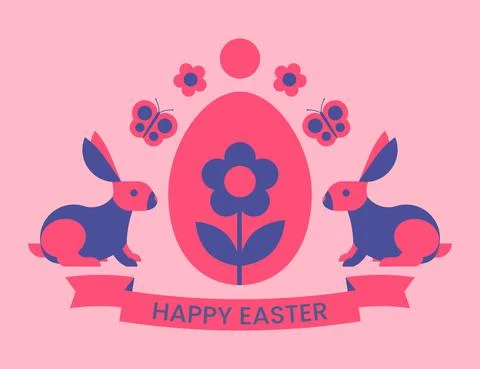 Easter retro banner. Two easter rabbits or bunnies. Stock Illustration