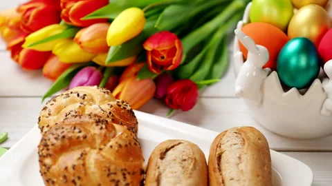 Easter romantic breakfast served with love and tulip bouquet in 4K VIDEO Stock Footage 143527028