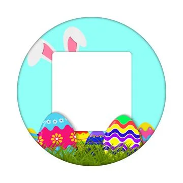 Easter round background with colorful Easter eggs, bunny ears and place for your Stock Illustration