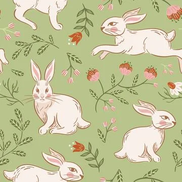 Easter running and sitting rabbits, seamless pattern. Vintage Blooming cherry 스톡 일러스트