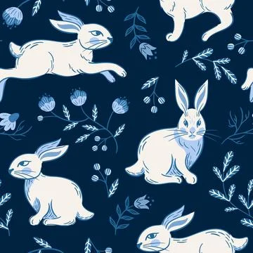 Easter running and sitting rabbits, seamless pattern. Vintage Blooming cherry Stock Illustration