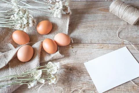 Easter rustic banner with copy space for text. Brown eggs with textile napkin Stock Photos