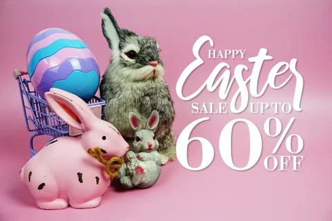 Easter Sale 60% promotion with Easter Egg and rabbits decorations concept o.. Stock Photos
