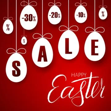Easter sale banner. Easter hanging eggs, cartoon ribbon bow, red background.  Illustrazione stock