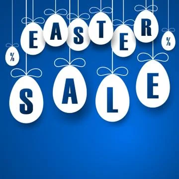 Easter sale banner. Easter hanging eggs with cartoon ribbon bow, blue backgro Stock Illustration