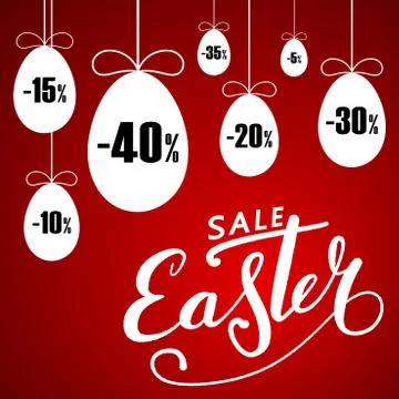 Easter sale banner. Easter hanging eggs, cartoon ribbon bow, red background.  Illustrazione stock
