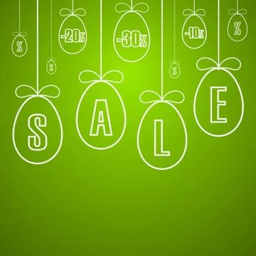 Easter sale banner. Easter hanging eggs, cartoon ribbon bow, green background 스톡 일러스트
