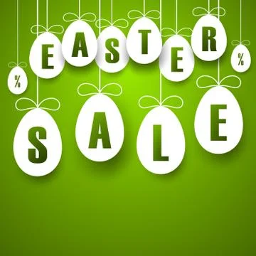 Easter sale banner. Easter hanging eggs, cartoon ribbon bow, green background Stock Illustration