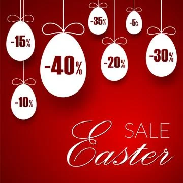 Easter sale banner. Easter hanging eggs, cartoon ribbon bow, red background.  스톡 일러스트