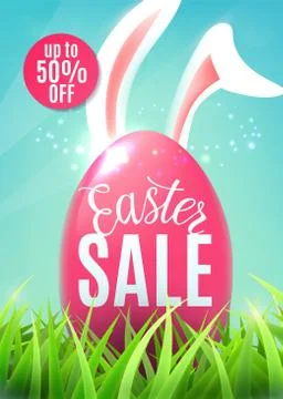 Easter sale banner with egg, easter bunny ears, discount sticker up to 50 off Stock Illustration