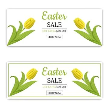 Easter Sale Banner Template Background with Yellow Tulips. Vector illustration. Stock Illustration