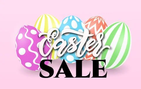 Easter sale banner template with easter colorful eggs on pink background. Vec イラスト素材