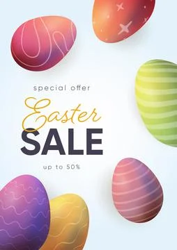 Easter sale, colored 3D eggs, discount template Stock Illustration