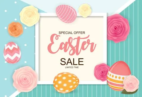 Easter Sale Cute Background with Flowers and Eggs. Vector Illustration Stock Illustration