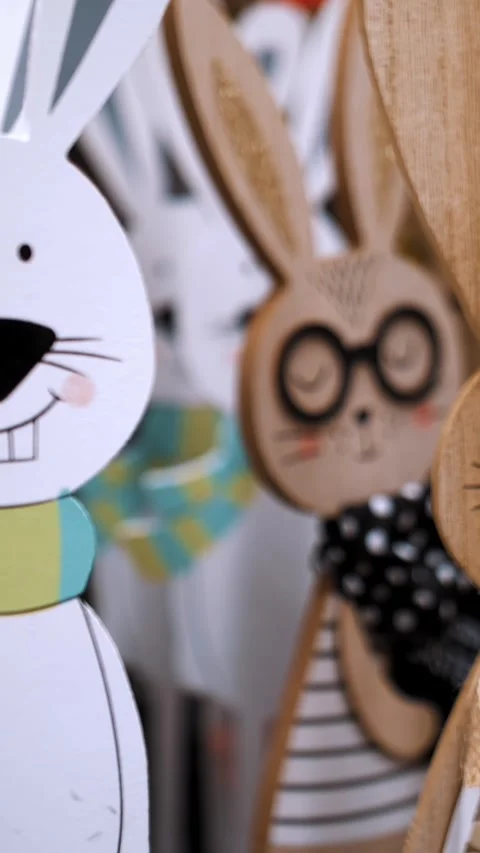Easter sale. Different funny Easter bunny figurines, statuettes. shopping of Stock Footage 316782195
