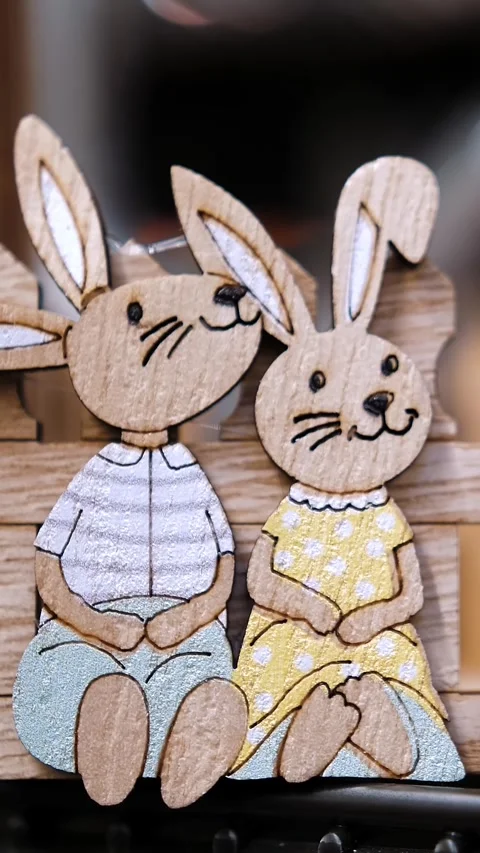 Easter sale. Different funny Easter bunny figurines, statuettes. shopping of Stock Footage 316782233