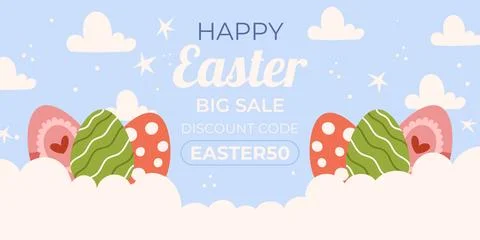 Easter sale horizontal background template for promotion. Design on sky blu.. Stock Illustration