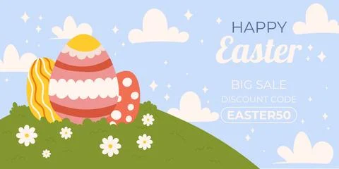 Easter sale horizontal background template for promotion. Design on sky blu.. Stock Illustration