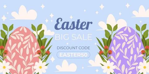 Easter sale horizontal background template for promotion. Design on sky blu.. Stock Illustration