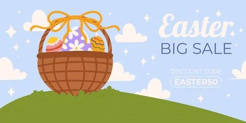 Easter sale horizontal background template for promotion. Design on sky blu.. Stock Illustration