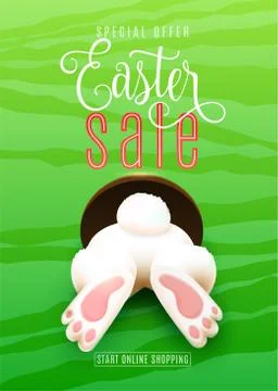 Easter sale poster with easter bunny ass, foot, tail in the hole on green Stockillustratie