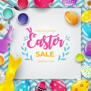 Easter sale poster template with 3d realistic Easter eggs and paint. Template Stock Illustration