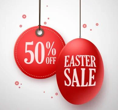 Easter Sale in red egg with 50% off price tag hanging Stock Illustration