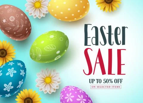 Easter sale vector banner design with colorful eggs and flowers for shopping Stock Illustration