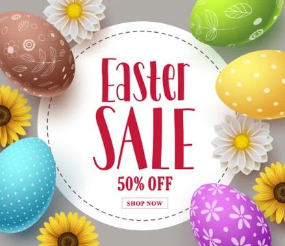 Easter sale vector banner template design with colorful eggs, spring flowers Stock Illustration