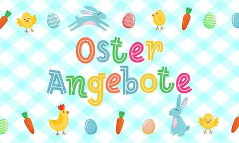 Easter sale vector German cute banner with colored ornate eggs, cartoon chike Stock Illustration