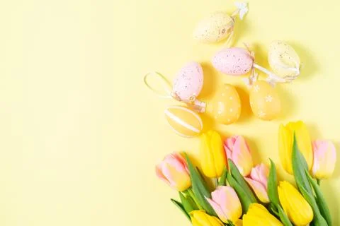 Easter scene with colored eggs Stock Photos