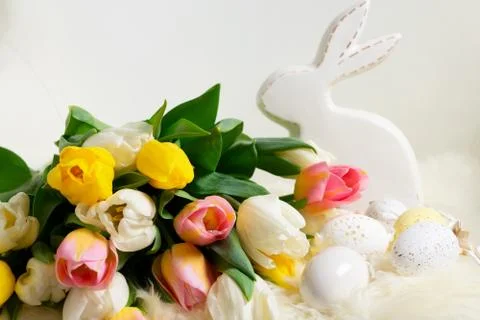 Easter scene with colored eggs Stock Photos