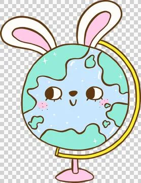 Easter School Bunny World Globe  Cartoon Hand Drawn Stock Illustration
