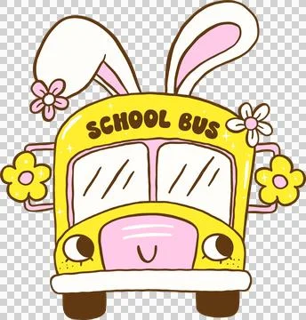 Easter School Bus with Bunny Ears Cartoon Hand Drawn Stock Illustration