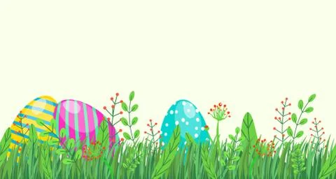 Easter seamless border with eggs, spring grass and floral elements, flowers Illustrazione stock