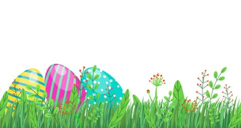 Easter seamless border with eggs, spring grass and floral elements, flowers Illustrazione stock