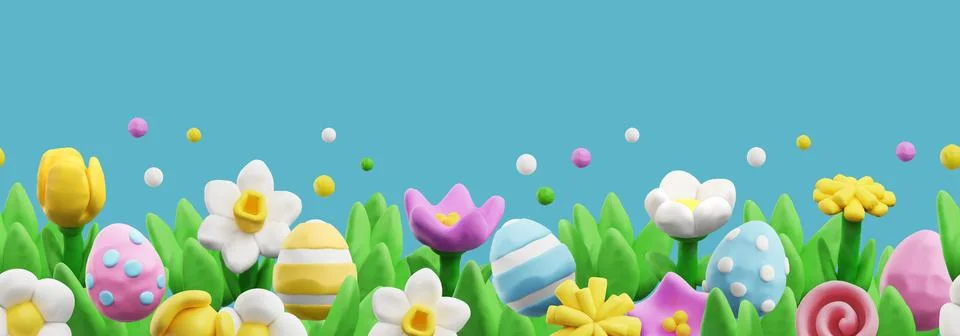 Easter seamless border, realistic 3D vector illustration, plasticine art Illustrazione stock
