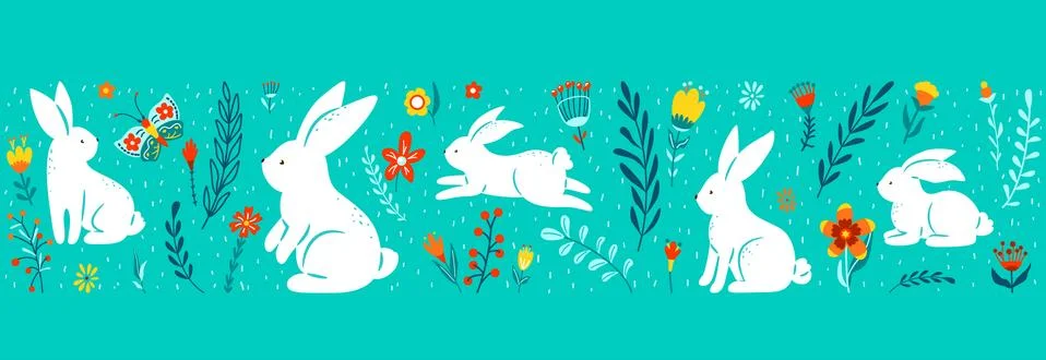 Easter seamless border vector illustration. Holiday pattern with cute white Stock Illustration