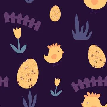 Easter seamless chicken pattern with eggs for wallpaper and fabrics and texti 스톡 일러스트