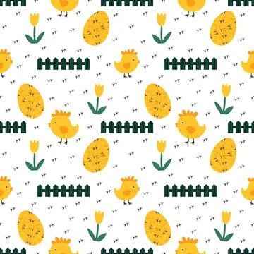 Easter seamless chicken pattern with eggs for wallpaper and fabrics and texti 스톡 일러스트