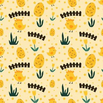 Easter seamless chicken pattern with eggs for wallpaper and fabrics and texti Stockillustratie