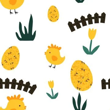 Easter seamless chicken pattern with eggs for wallpaper and fabrics and texti 스톡 일러스트