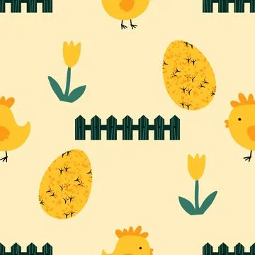 Easter seamless chicken pattern with eggs for wallpaper and fabrics and texti Stock Illustration