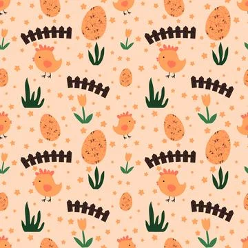 Easter seamless chicken pattern with eggs for wallpaper and fabrics and texti Stock Illustration