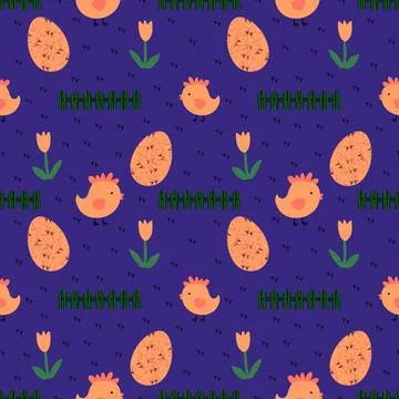 Easter seamless chicken pattern with eggs for wallpaper and fabrics and texti 스톡 일러스트