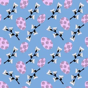 Easter seamless eggs and cat flowers pattern for wallpaper and fabrics 스톡 일러스트