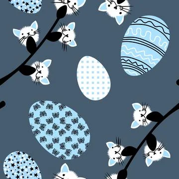 Easter seamless eggs and cat flowers pattern for wallpaper and fabrics Stock Illustration