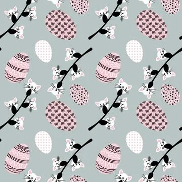 Easter seamless eggs and cat flowers pattern for wallpaper and fabrics Illustrazione stock